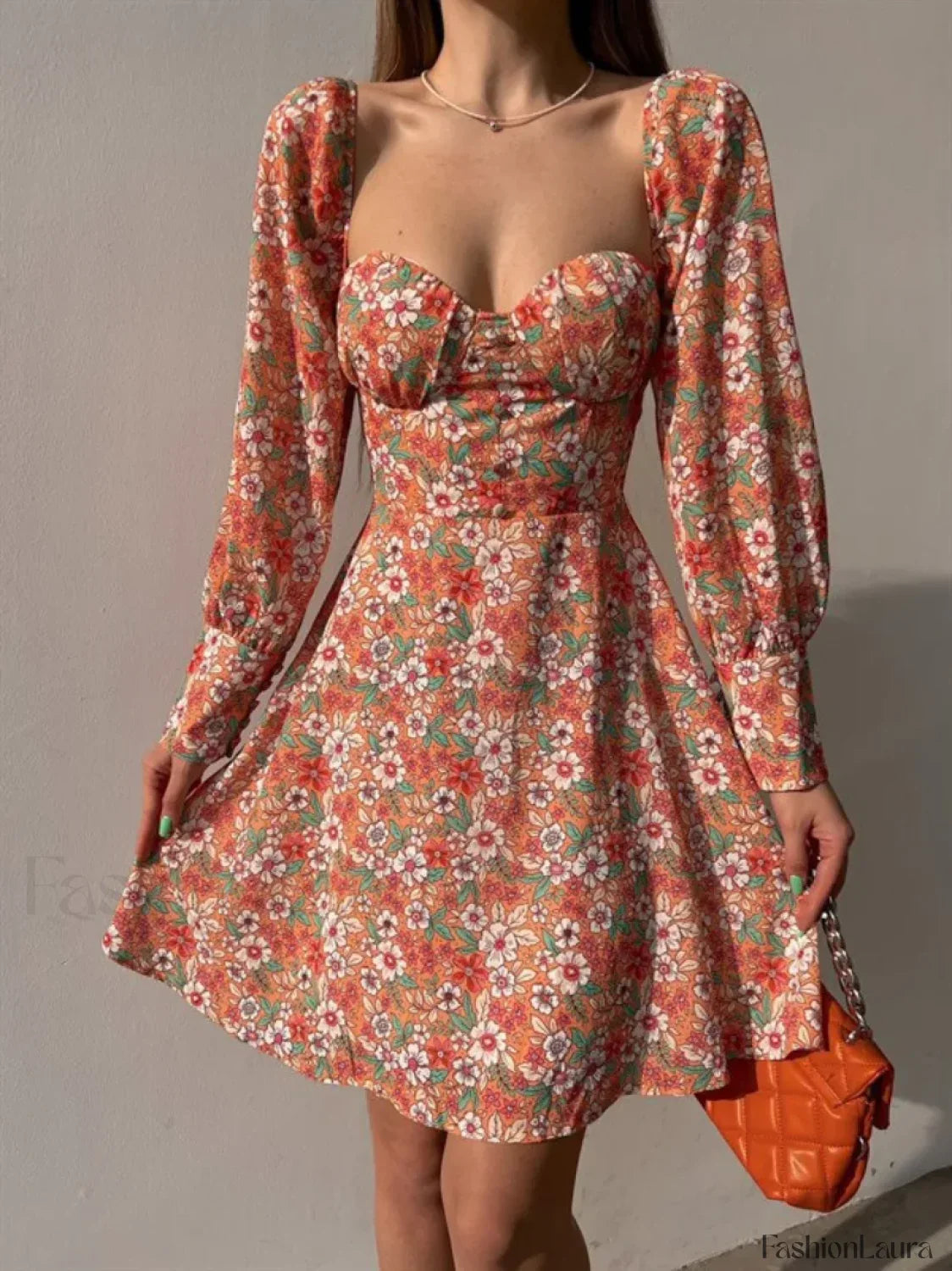 Elegant Dot Floral Prints Spring/Summer Women's Low Cut Square Neck Full Lantern Sleeve Mini Dress
