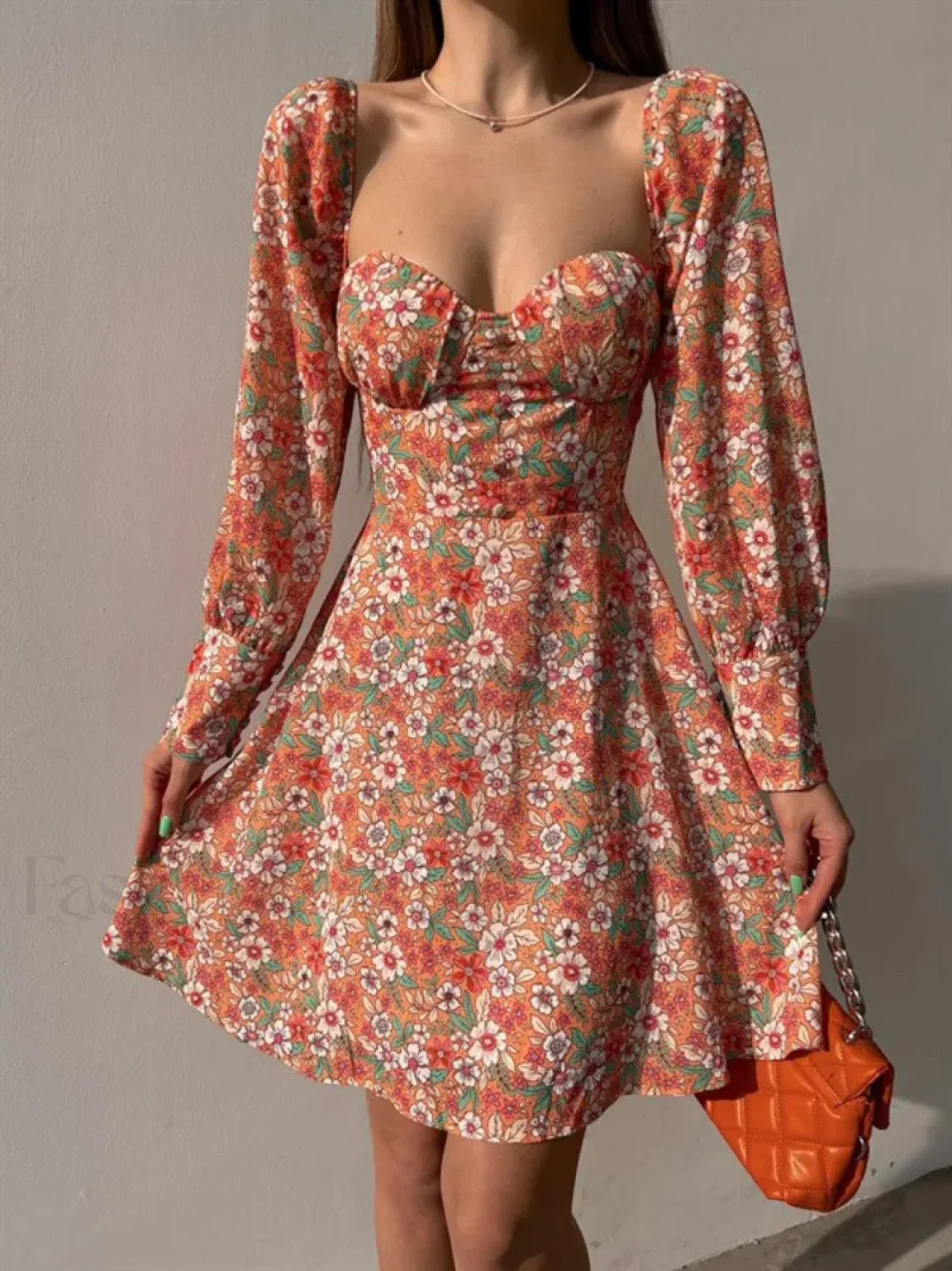 Elegant Dot Floral Prints Spring/Summer Women's Low Cut Square Neck Full Lantern Sleeve Mini Dress