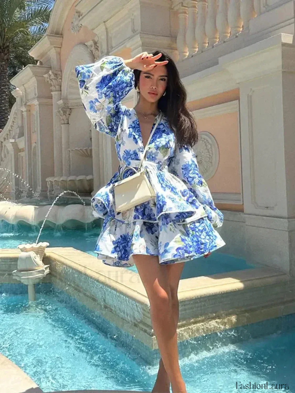 Elegant Floral Print Mini Dress Puff Sleeved Beach Floral Dress