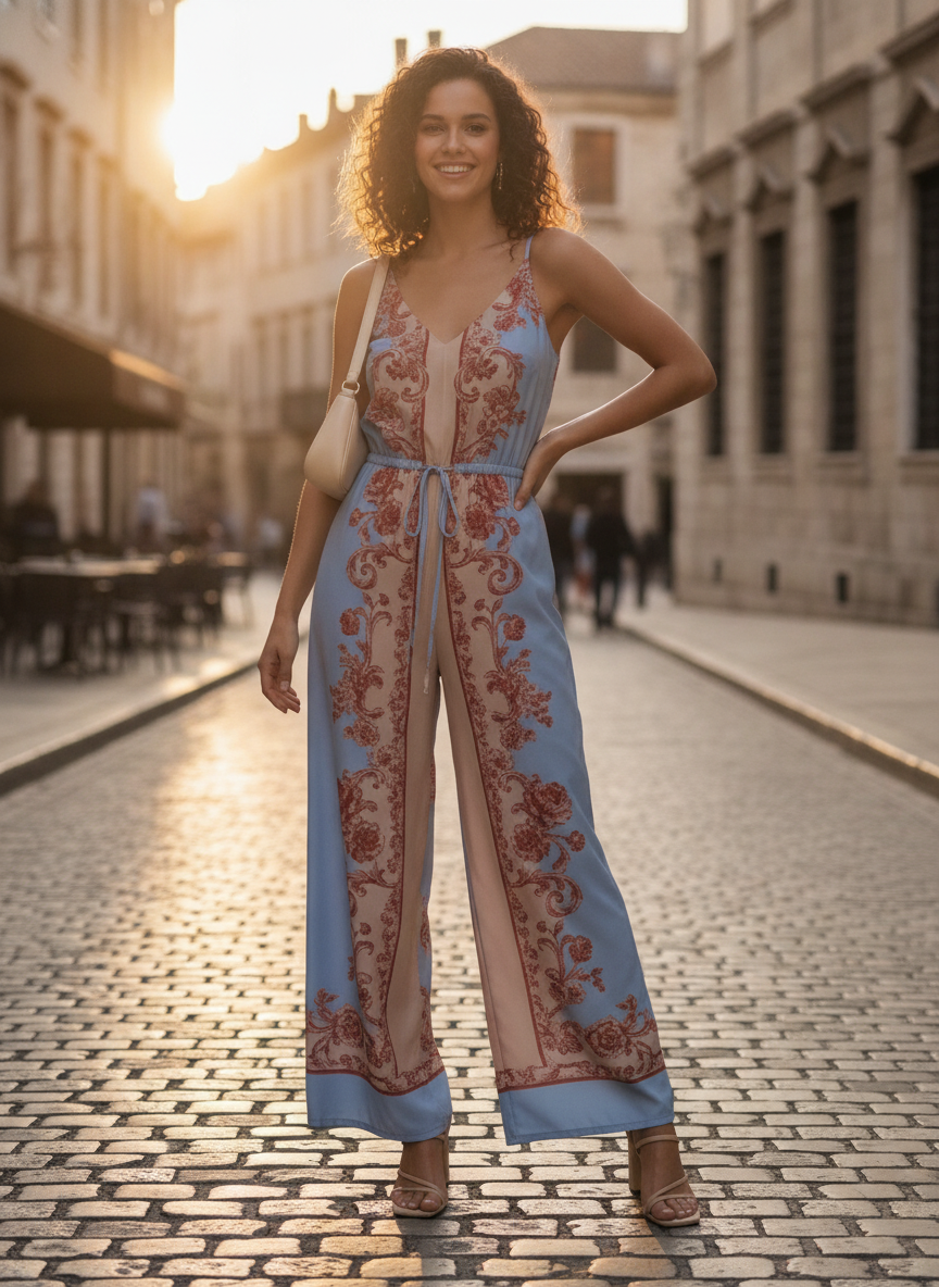 Elegant Floral Print Wide-Leg Jumpsuit with Adjustable Straps