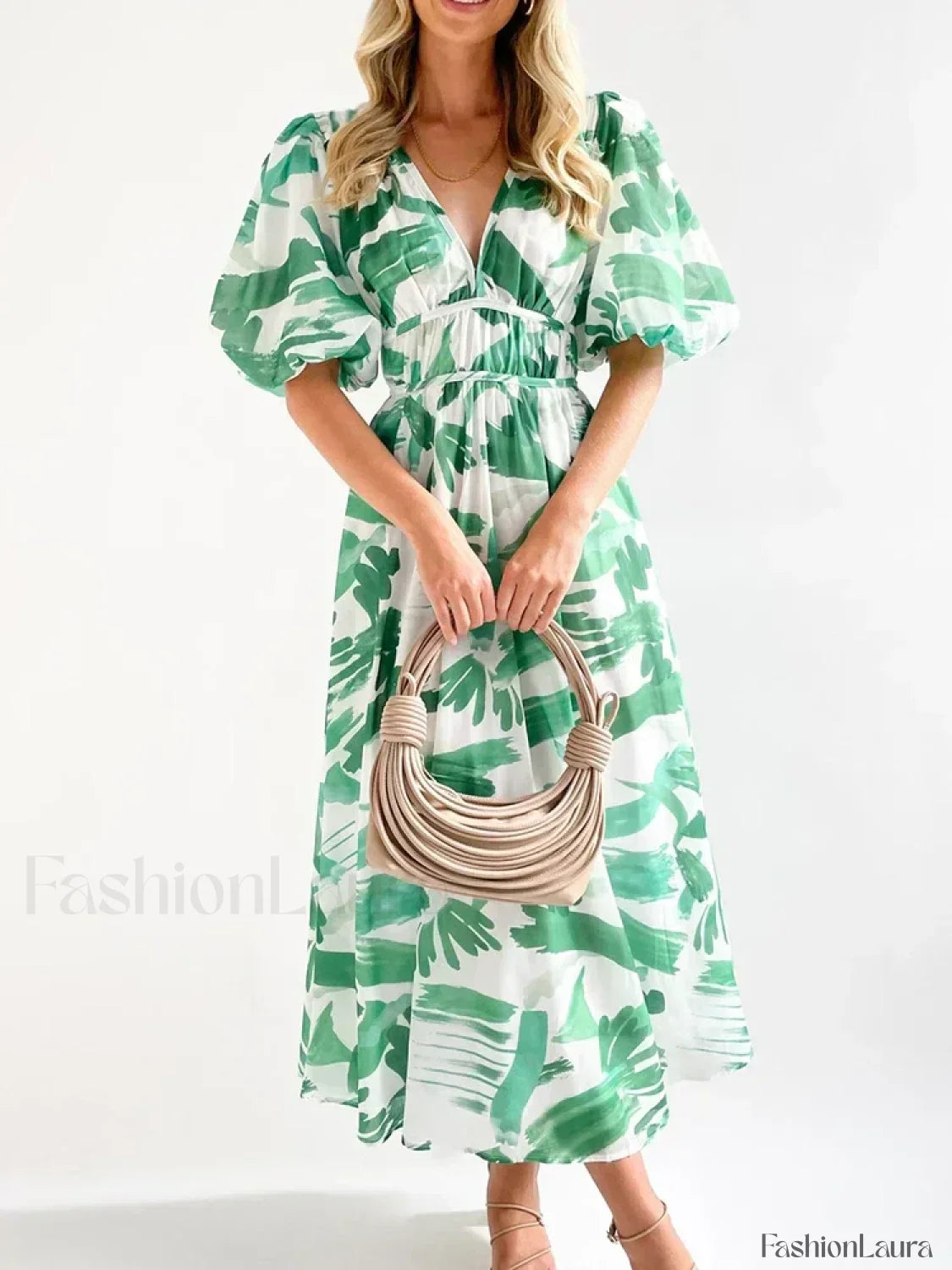 Elegant Floral Printed Women V Neck Elastic High Waist Retro Summer Fashion Maxi Dress