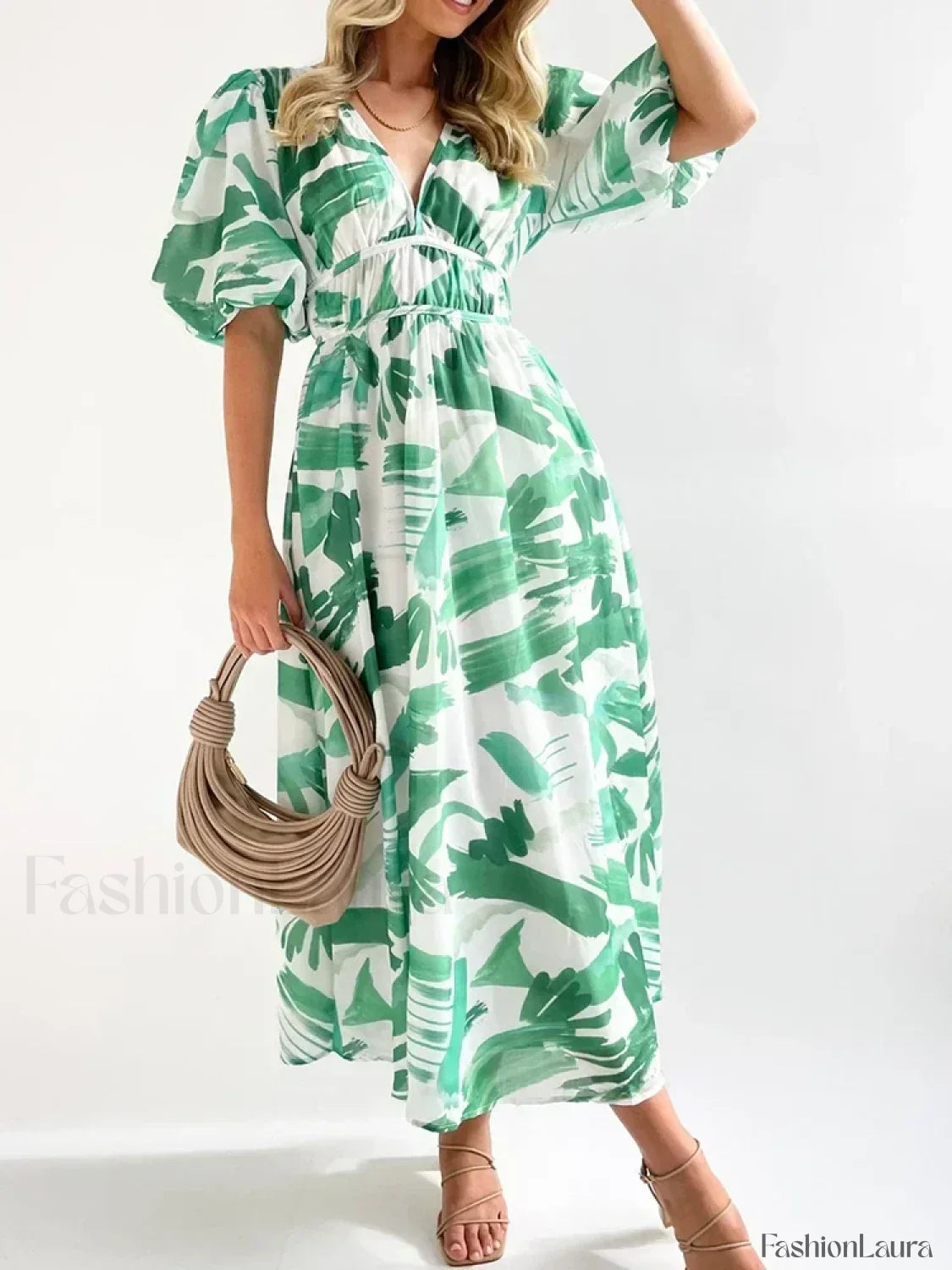 Elegant Floral Printed Women V Neck Elastic High Waist Retro Summer Fashion Maxi Dress