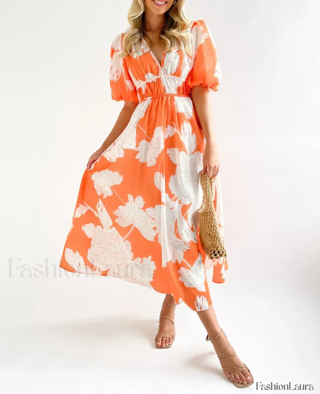 Elegant Floral Printed Women V Neck Elastic High Waist Retro Summer Fashion Maxi Dress