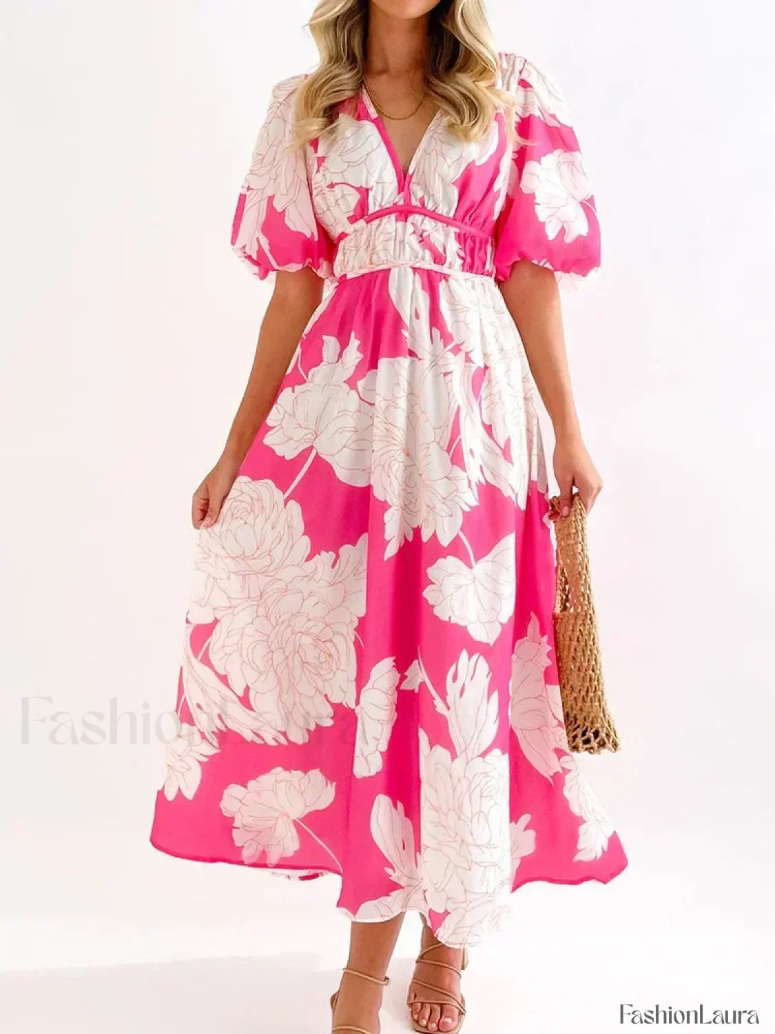 Elegant Floral Printed Women V Neck Elastic High Waist Retro Summer Fashion Maxi Dress