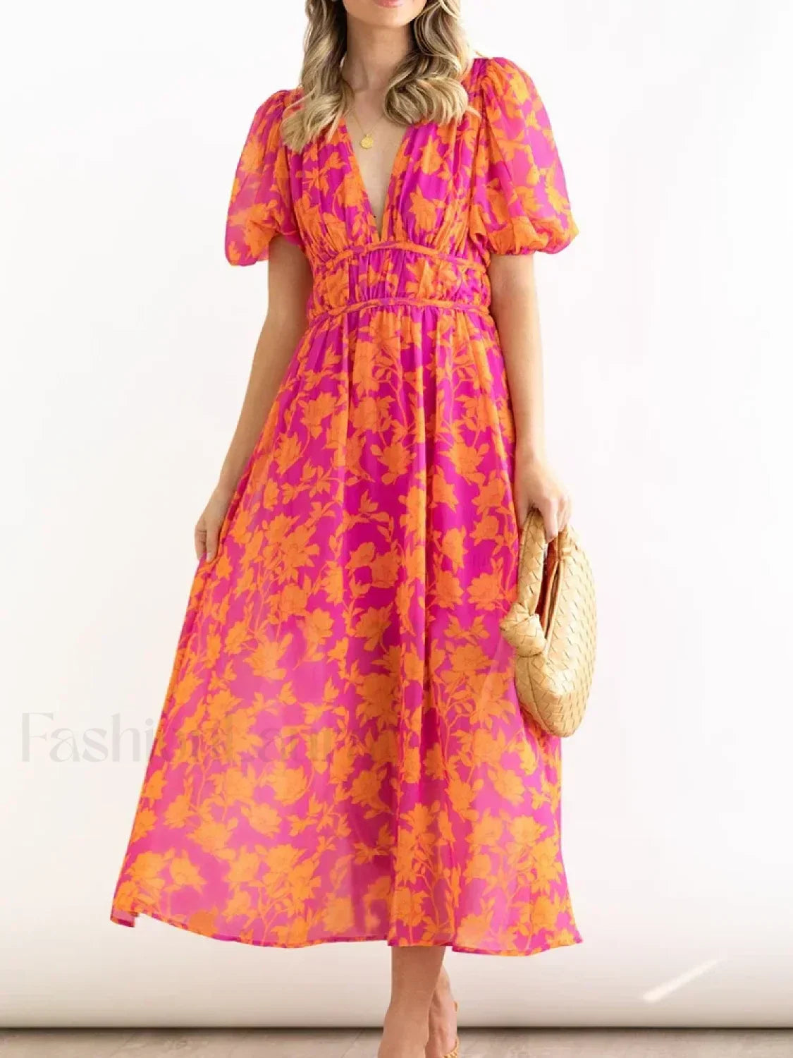 Elegant Floral Printed Women V Neck Elastic High Waist Retro Summer Fashion Maxi Dress