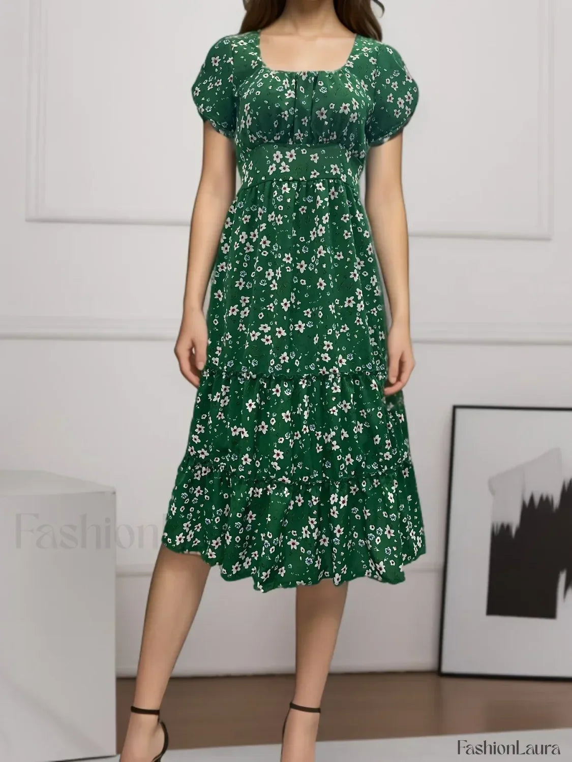 Elegant Floral Prints Square Neck Short Puff Sleeve Midi Dress