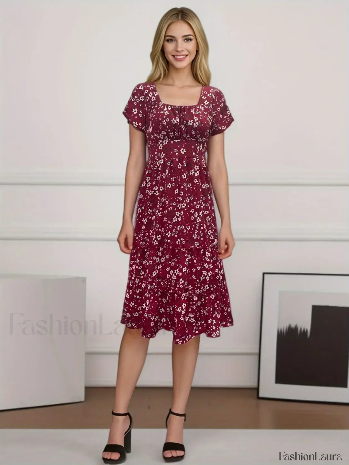 Elegant Floral Prints Square Neck Short Puff Sleeve Midi Dress