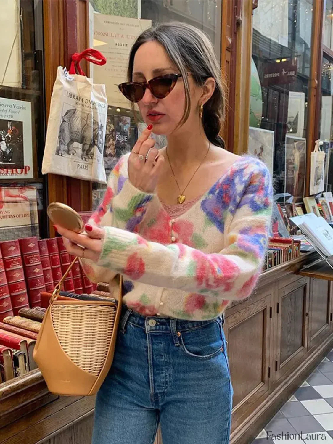 Elegant Flower Print Backless Knitted Women Fashion V Neck Long Sleeve Sweater