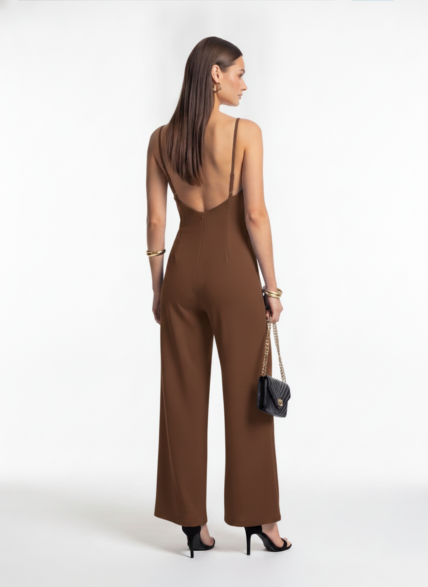 Elegant Gold Backless Wide-Leg Jumpsuit with Adjustable Straps