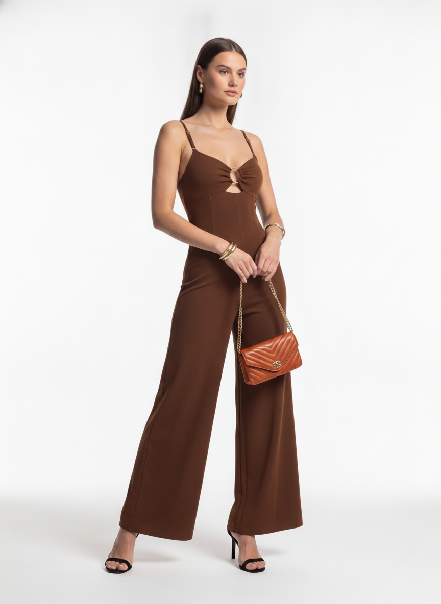 Elegant Gold Backless Wide-Leg Jumpsuit with Adjustable Straps