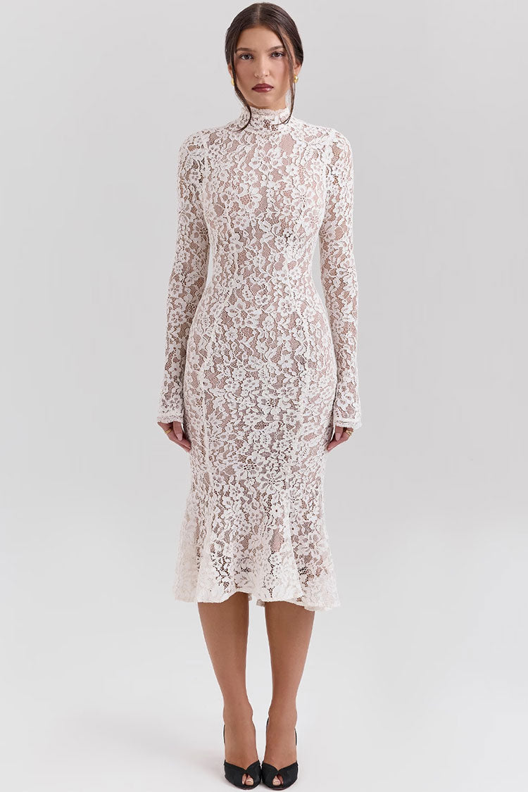 Elegant High Neck Long Sleeve Lace Fishtail Cocktail Party Midi Dress