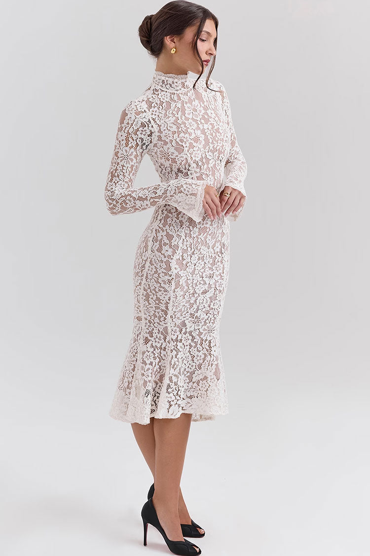 Elegant High Neck Long Sleeve Lace Fishtail Cocktail Party Midi Dress