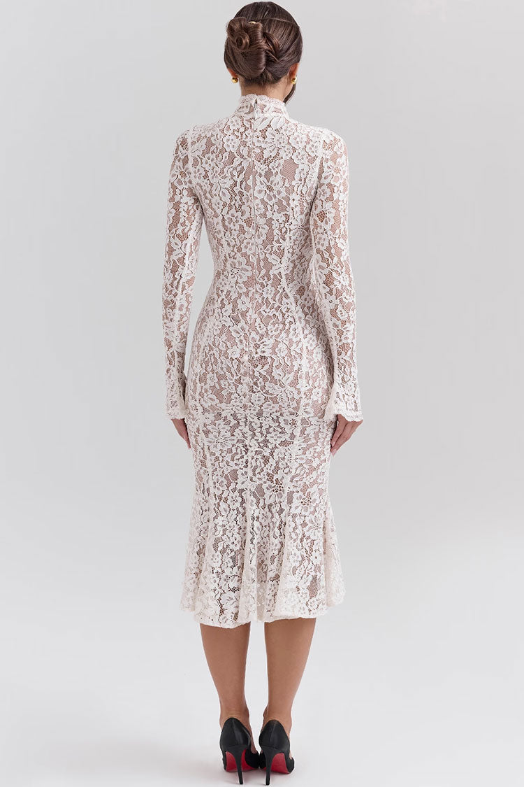 Elegant High Neck Long Sleeve Lace Fishtail Cocktail Party Midi Dress