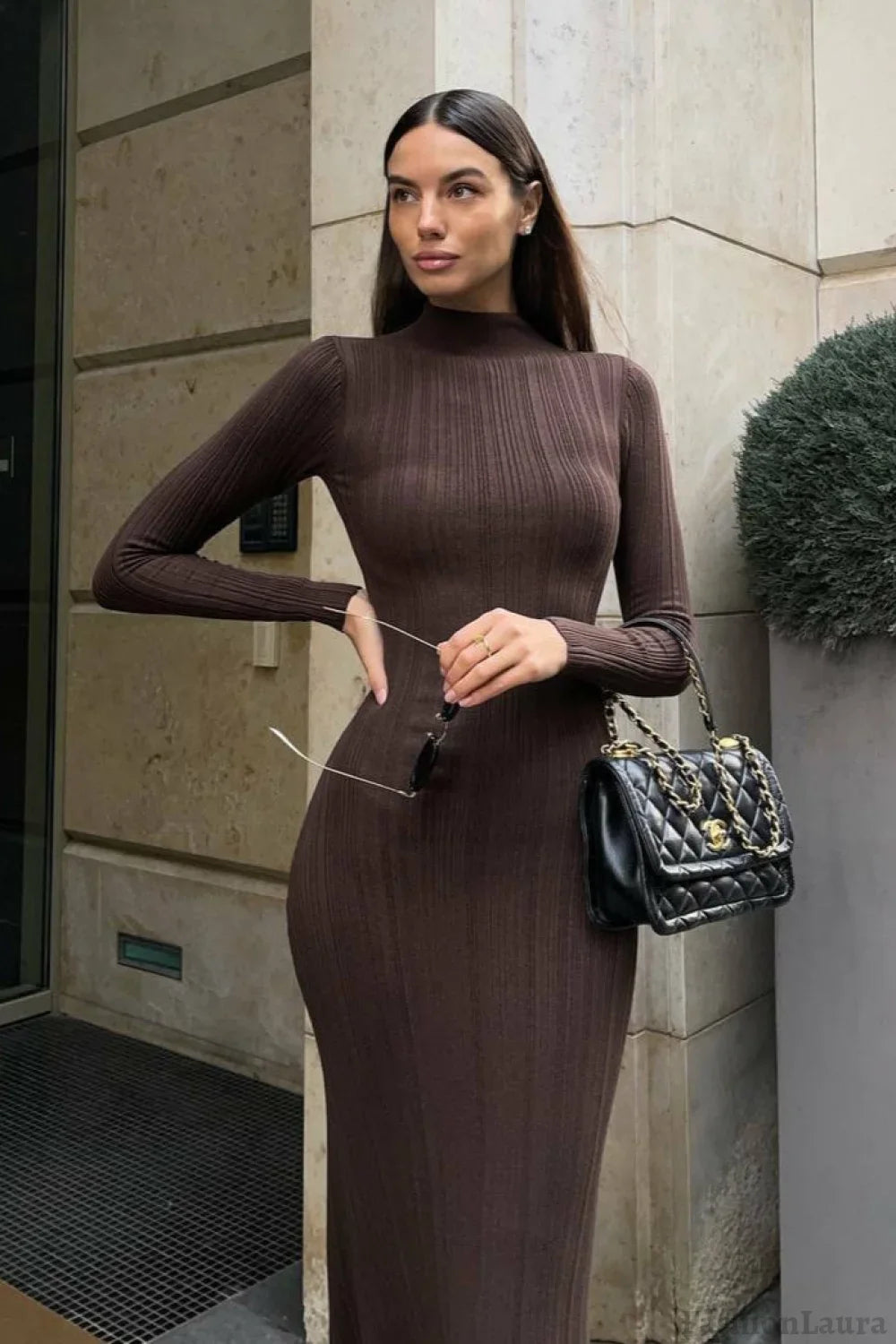 Elegant High Neck Striped Sweater Dress