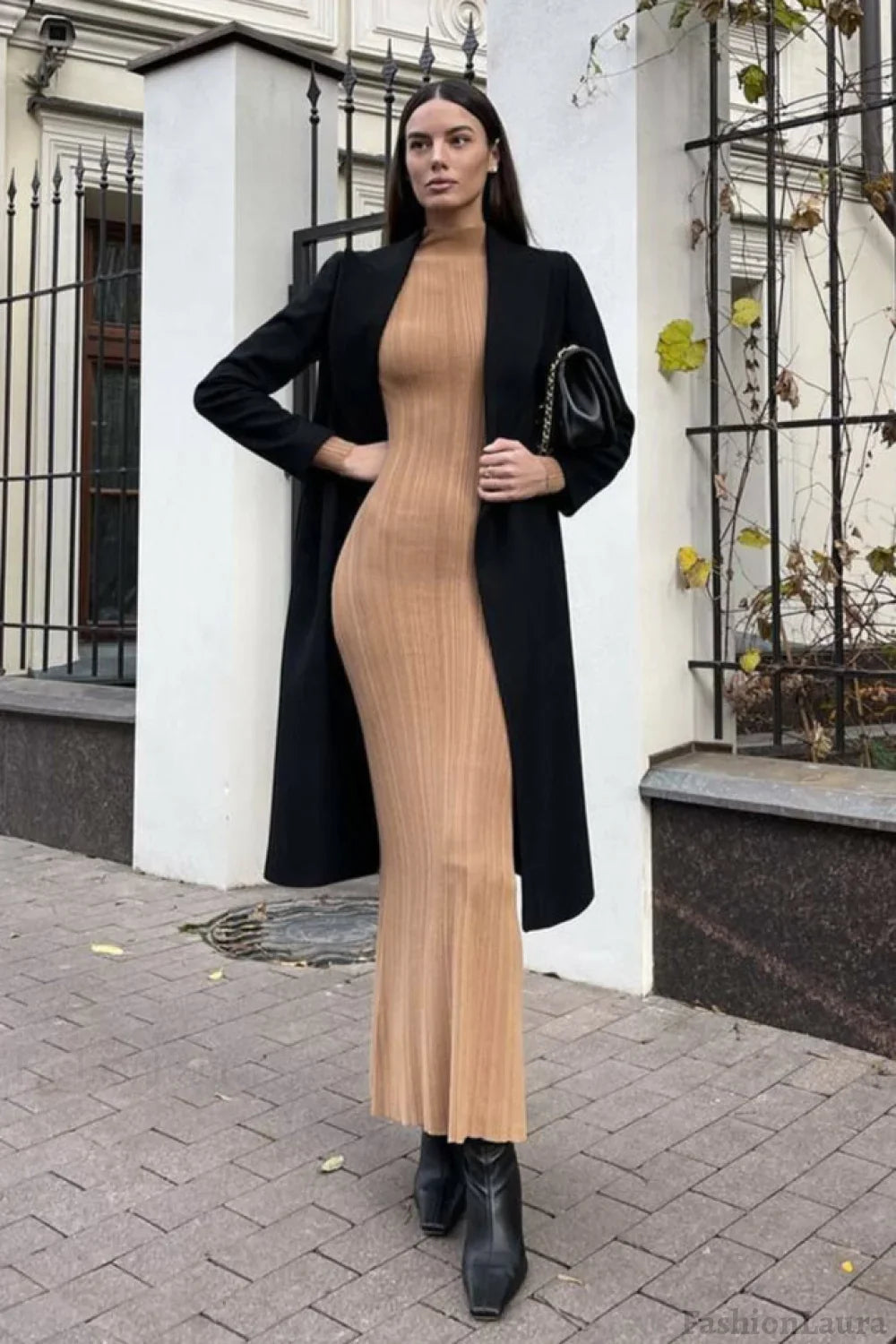 Elegant High Neck Striped Sweater Dress