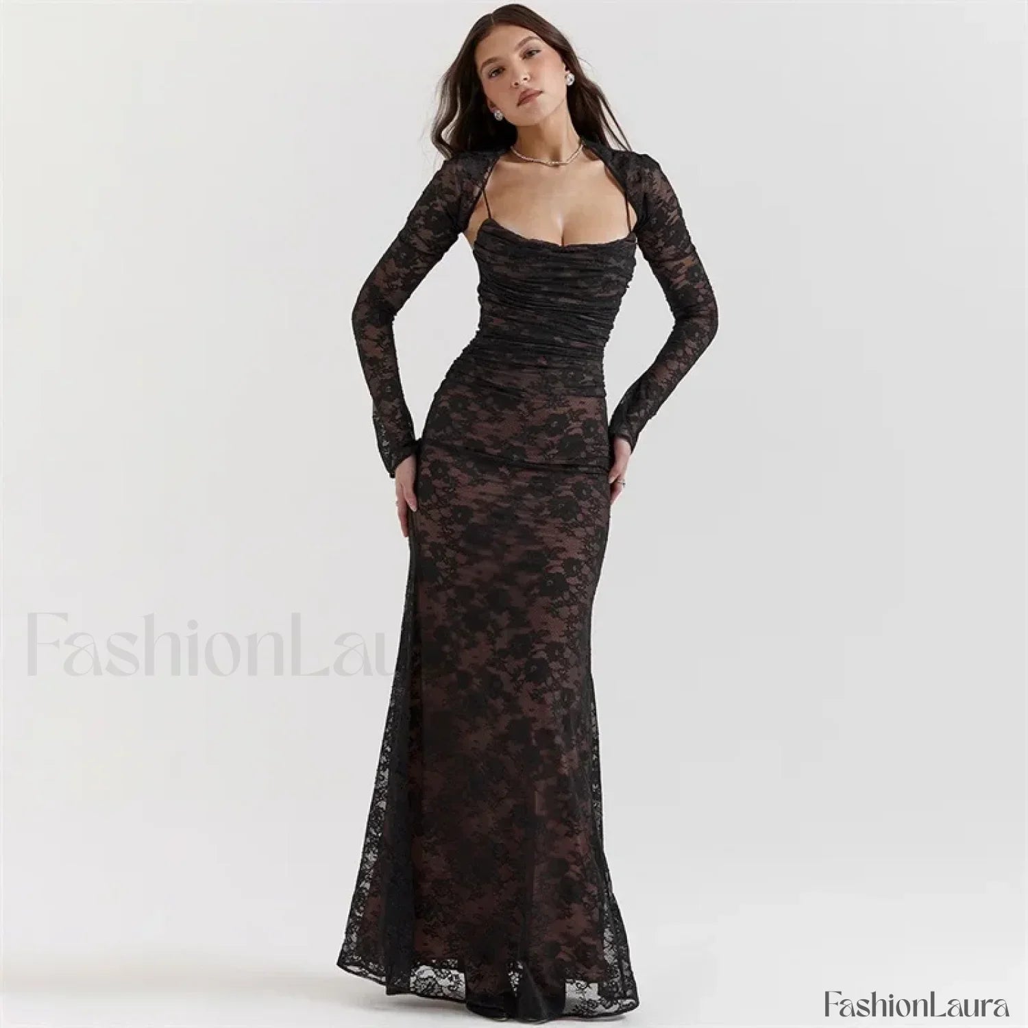 Elegant Lace 2 Pieces Set Sexy Evening 2024 New Full Sleeves Outfit Formal Tie Back Long Robe Vestido Prom Dress