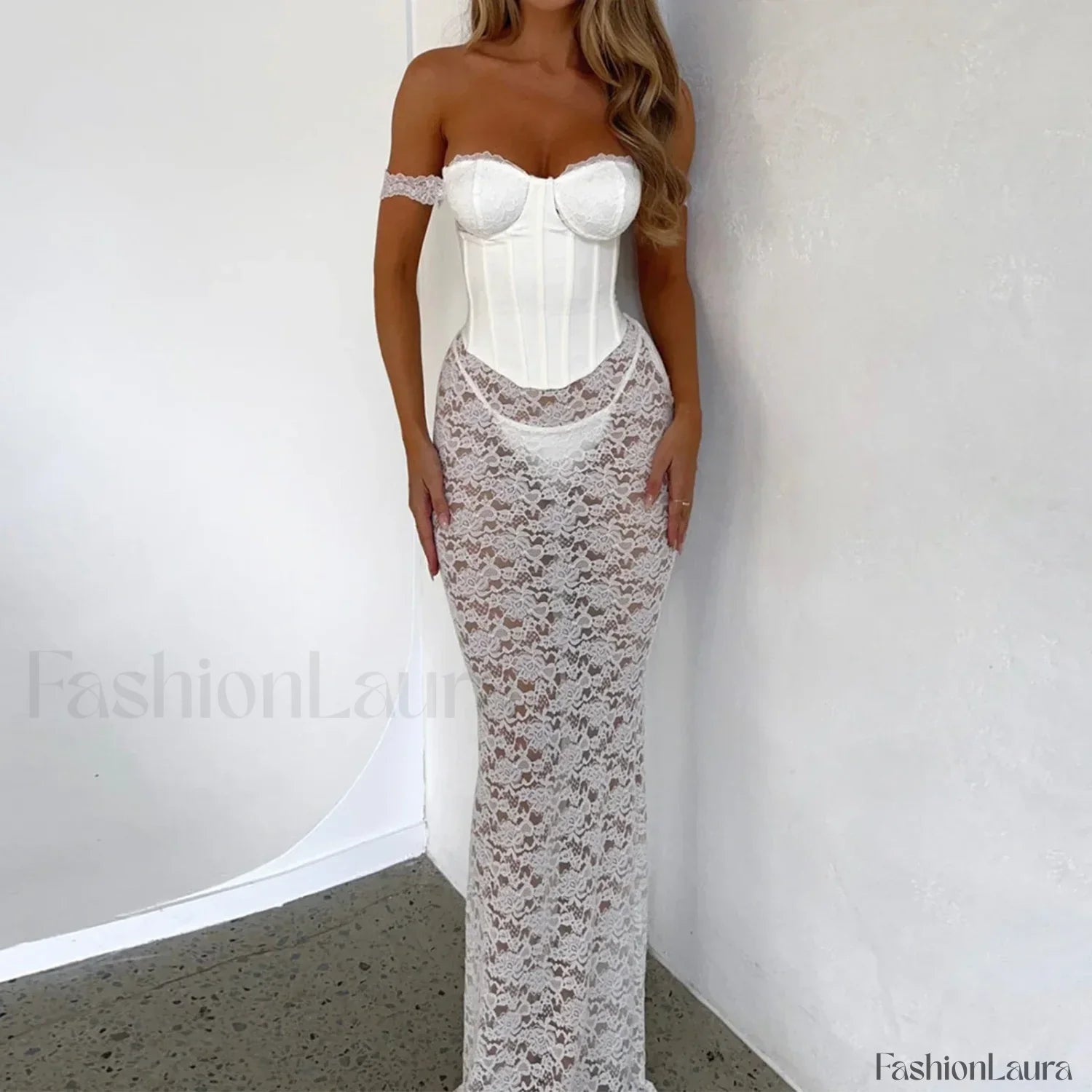 Elegant Lace Maxi For Women Fashion Off-shoulder Sleeveless Backless Bodycon Long Lace Dress