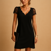 Scalloped V-Neck Lace Sleeve Shift Mini Dress