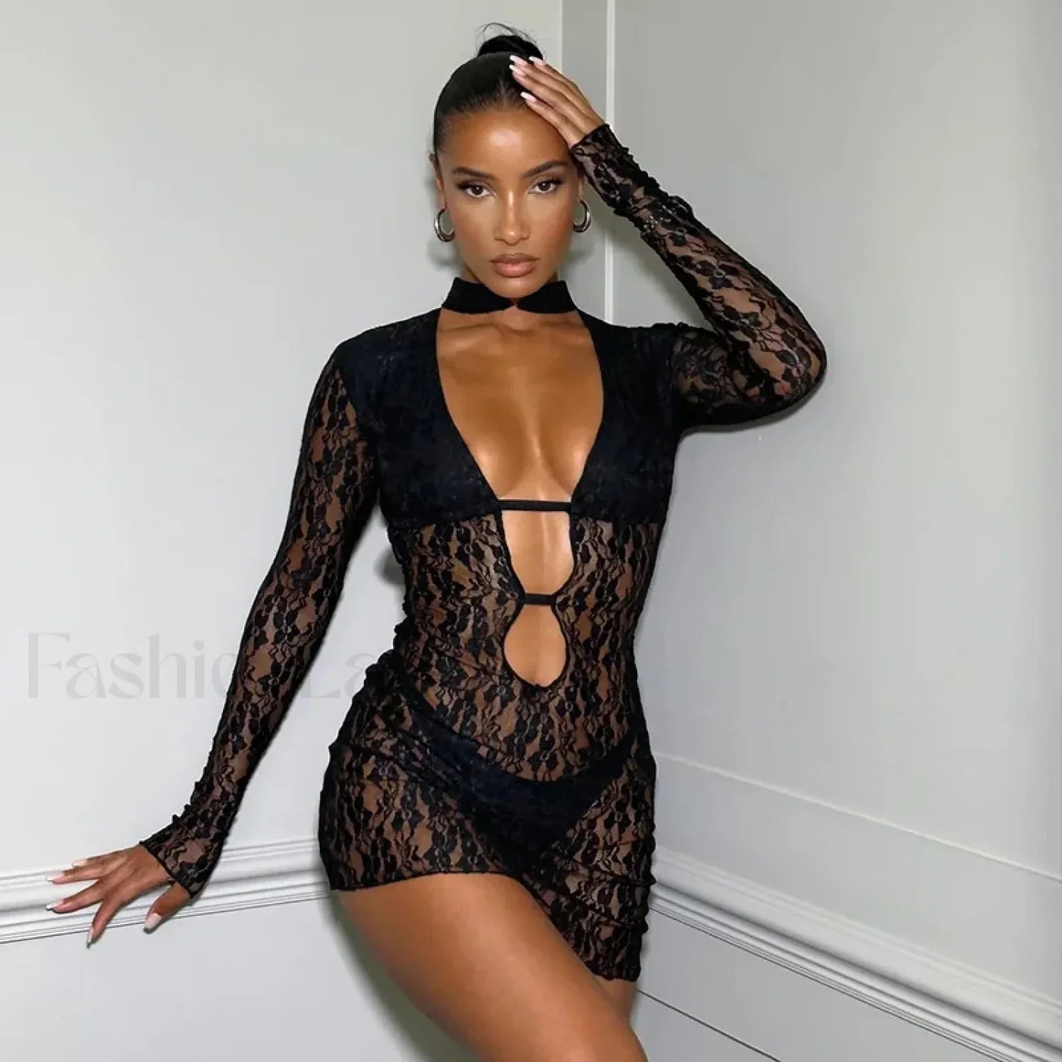 Elegant Lace See Through Sexy Cut Out Long Sleeve Bodycon Wedding Party 2024 Patchwork Summer Mini Dress Black / S