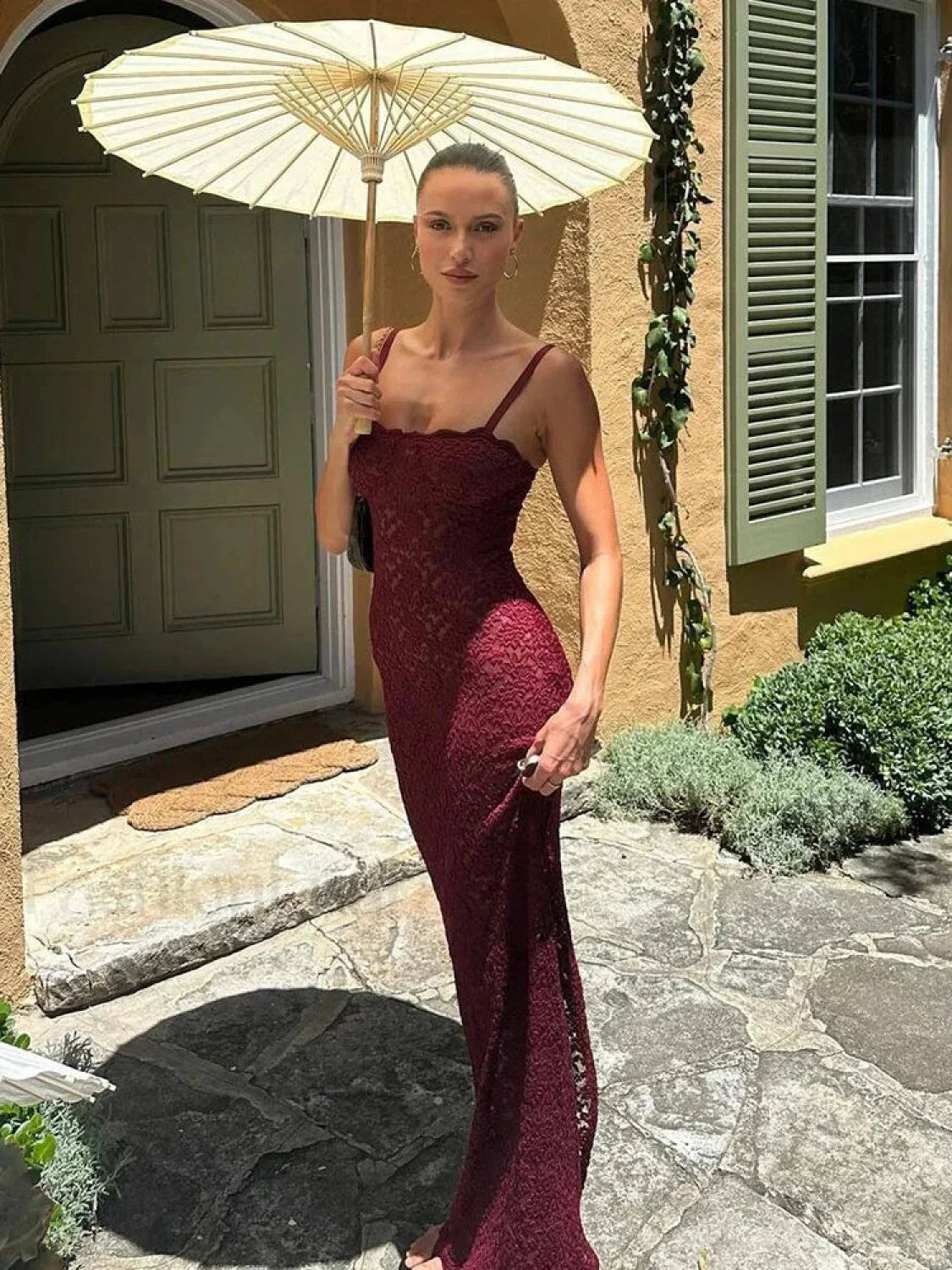 Elegant Lace Summer Maxi for Women 2024 Sexy Spaghetti Straps Sleeveless See Through Party Evening Outfits Dress