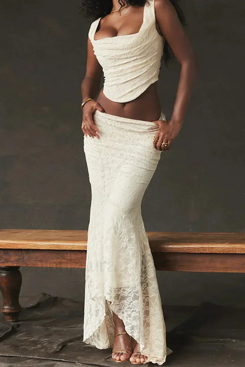 Elegant Lace-Up Crop Top & Maxi Skirt Boho Dress