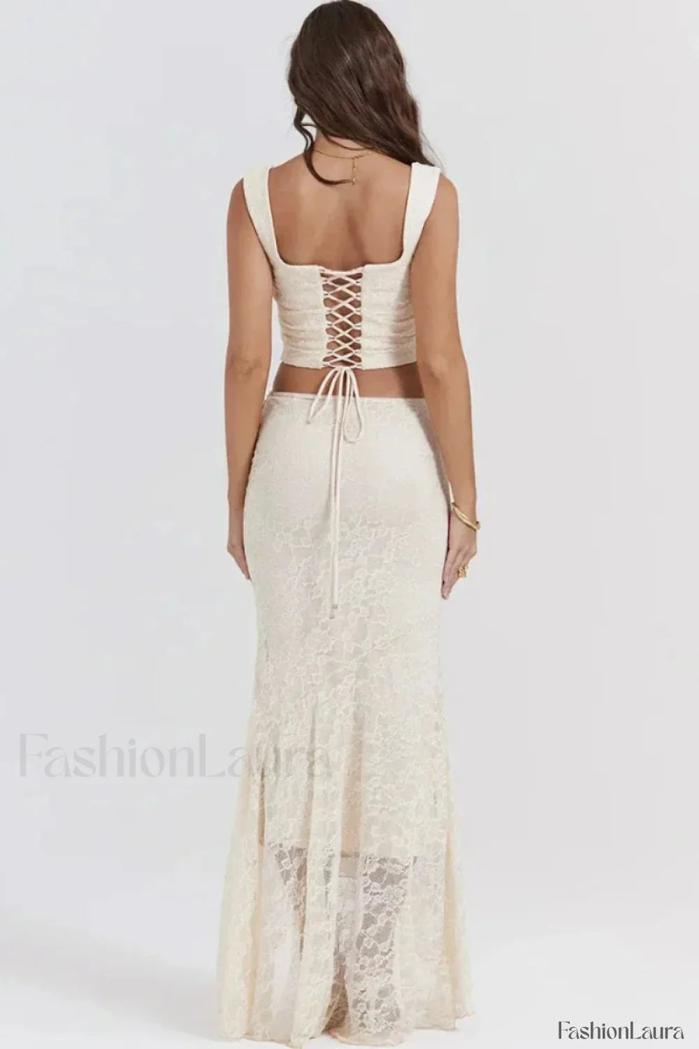 Elegant Lace-Up Crop Top & Maxi Skirt Boho Dress