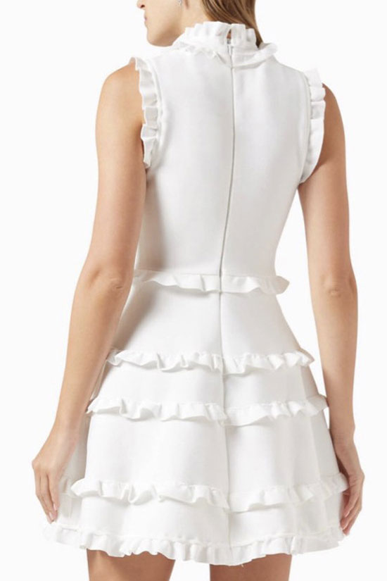 Elegant Layered Ruffle High Neck A Line Sleeveless Bandage Party Mini Dress - White 2