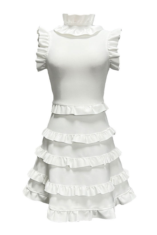 Elegant Layered Ruffle High Neck A Line Sleeveless Bandage Party Mini Dress - White 3