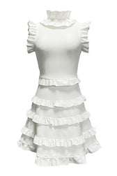 Elegant Layered Ruffle High Neck A Line Sleeveless Bandage Party Mini Dress - White 3