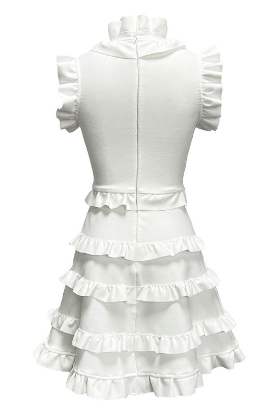 Elegant Layered Ruffle High Neck A Line Sleeveless Bandage Party Mini Dress - White 4