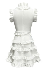 Elegant Layered Ruffle High Neck A Line Sleeveless Bandage Party Mini Dress - White 4