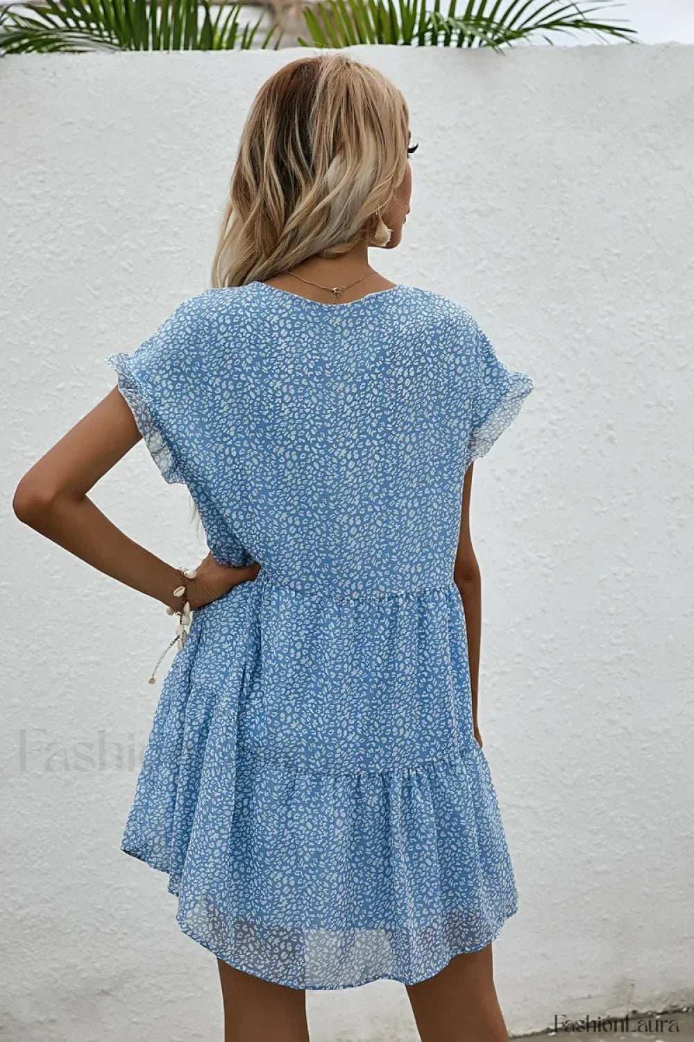 Elegant Leopard Print Floral Prints Summer Women 2024 New Loose V-Neck Ruffled Short Sleeved Mini Dress