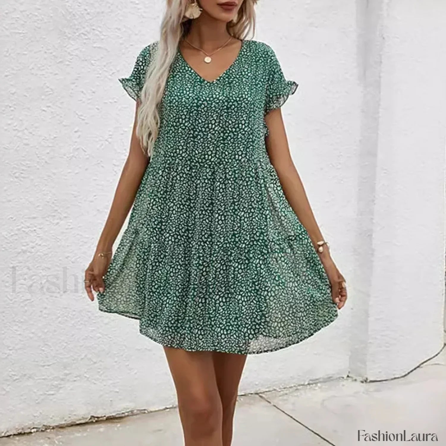 Elegant Leopard Print Floral Prints Summer Women 2024 New Loose V-Neck Ruffled Short Sleeved Mini Dress