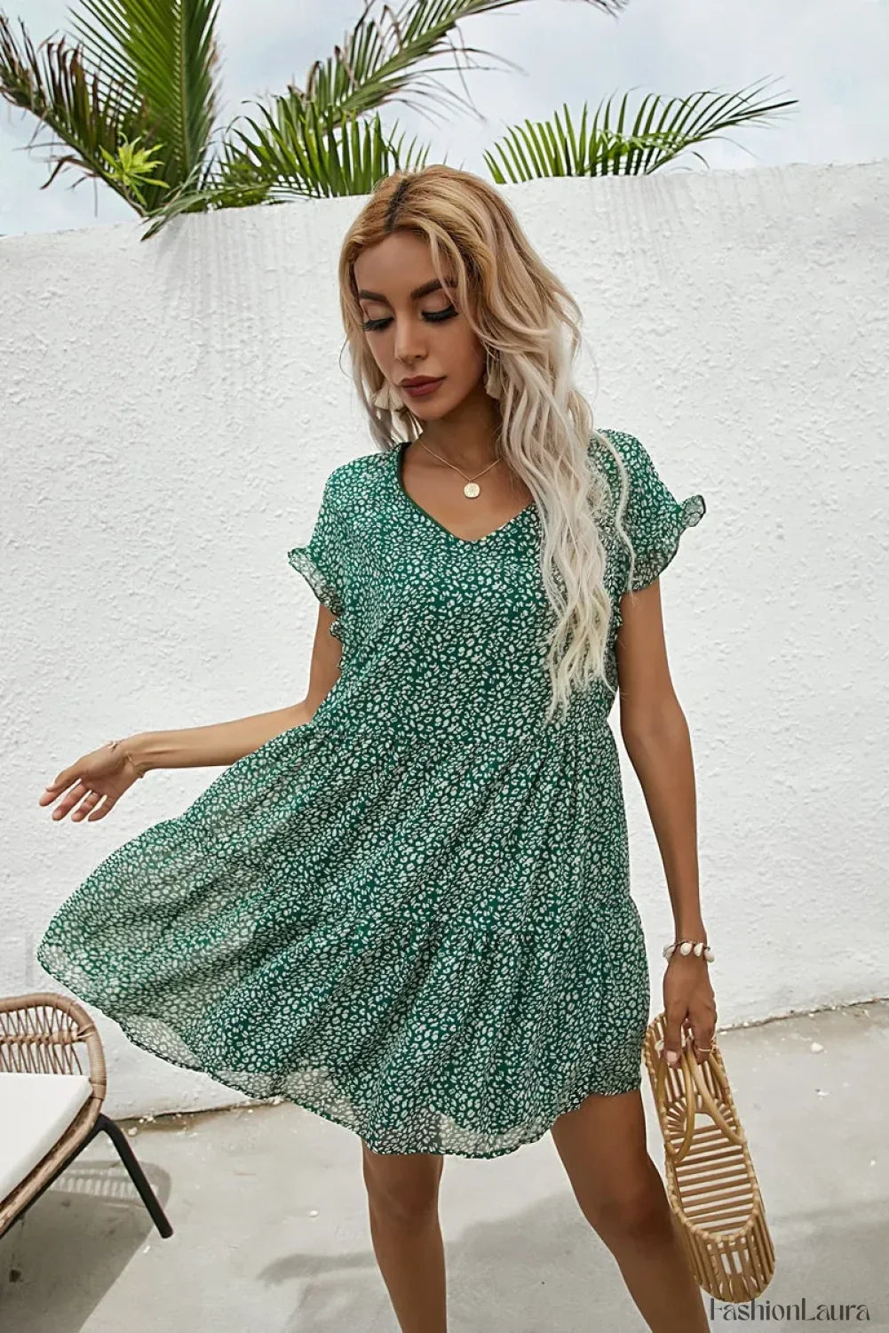 Elegant Leopard Print Floral Prints Summer Women 2024 New Loose V-Neck Ruffled Short Sleeved Mini Dress