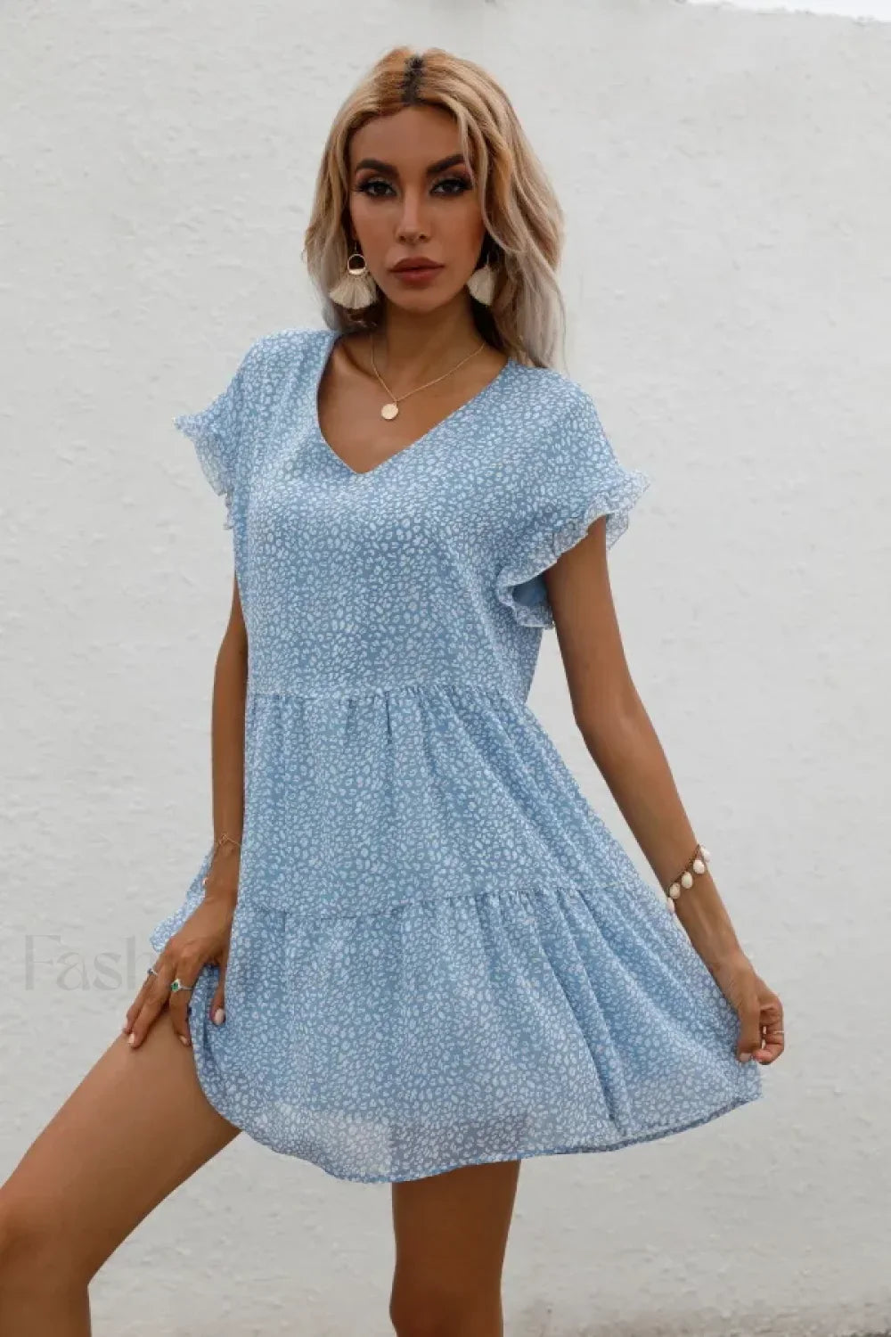 Elegant Leopard Print Floral Prints Summer Women 2024 New Loose V-Neck Ruffled Short Sleeved Mini Dress