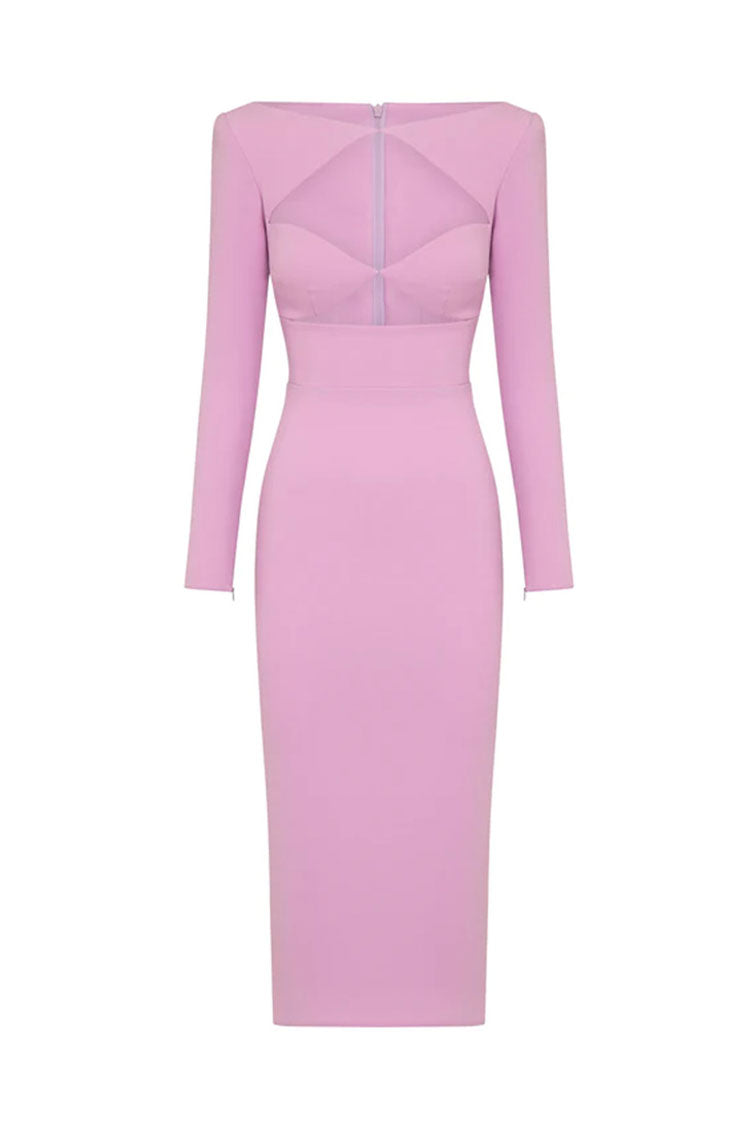 Elegant Long Sleeve Cutout Bandage Cocktail Midi Dress - Pink 2