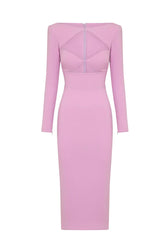 Elegant Long Sleeve Cutout Bandage Cocktail Midi Dress - Pink 2