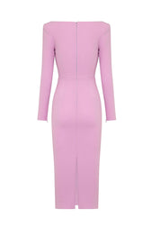 Elegant Long Sleeve Cutout Bandage Cocktail Midi Dress - Pink 3