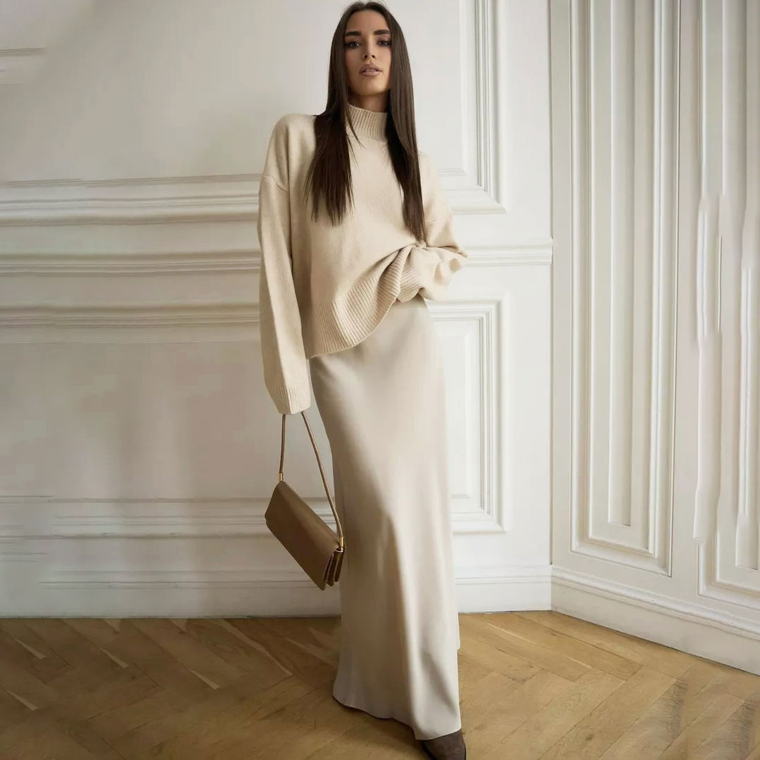 Elegant Metallic Effect Monochrome High Waist A Line Silky Satin Maxi Skirt