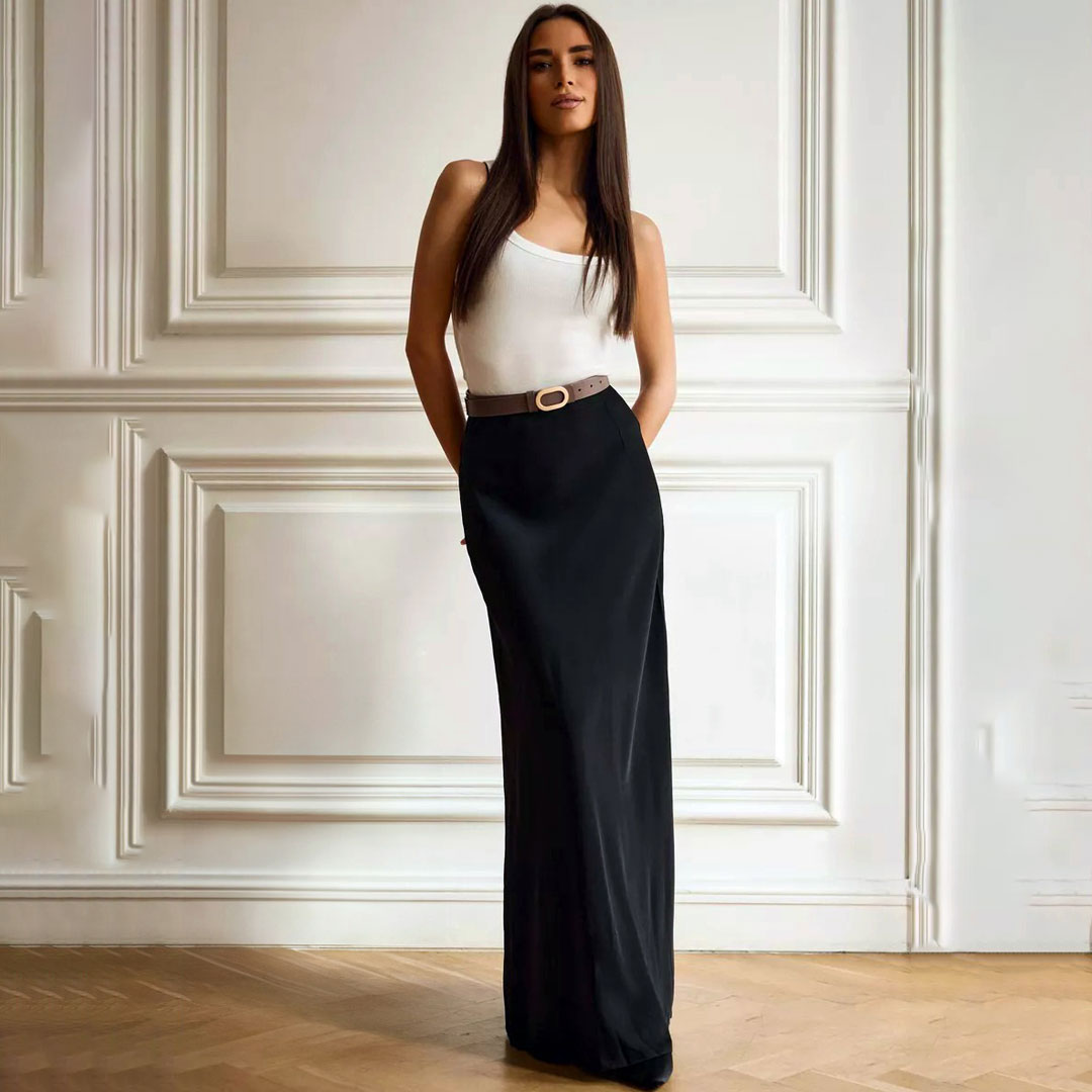 Elegant Metallic Effect Monochrome High Waist A Line Silky Satin Maxi Skirt