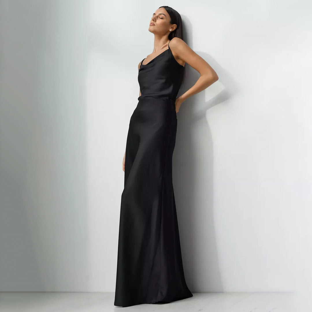 Elegant Metallic Effect Monochrome High Waist A Line Silky Satin Maxi Skirt