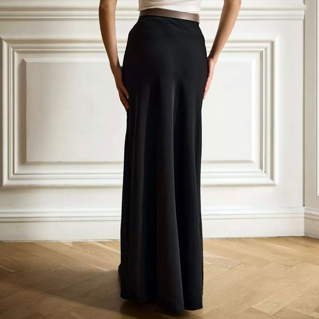 Elegant Metallic Effect Monochrome High Waist A Line Silky Satin Maxi Skirt