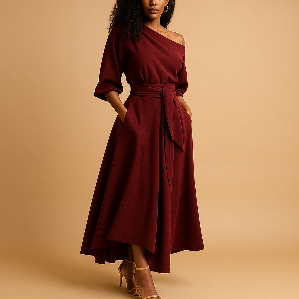 One Shoulder Belted A-Line Maxi Dress