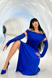 Elegant Off Shoulder Ruched Size Zip Split Evening Maxi Dress - Royal Blue 4