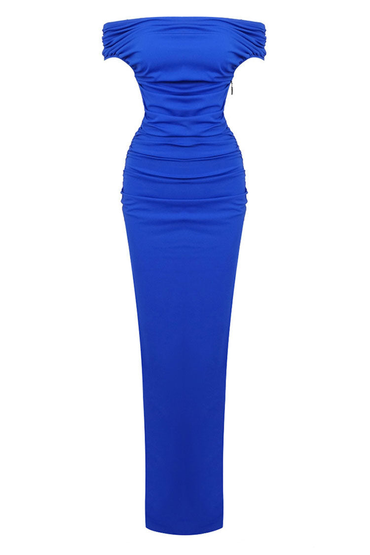 Elegant Off Shoulder Ruched Size Zip Split Evening Maxi Dress - Royal Blue 6