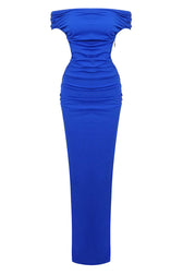 Elegant Off Shoulder Ruched Size Zip Split Evening Maxi Dress - Royal Blue 6