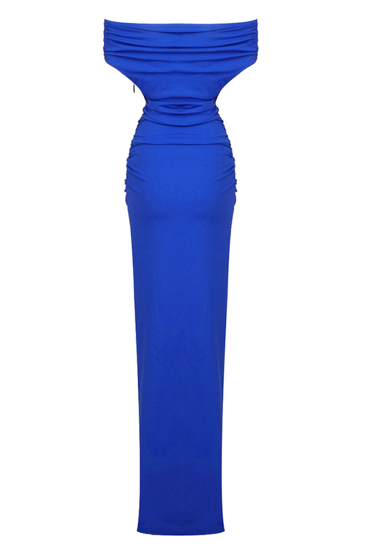 Elegant Off Shoulder Ruched Size Zip Split Evening Maxi Dress - Royal Blue 7