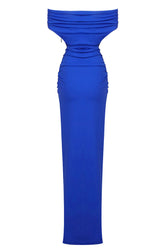Elegant Off Shoulder Ruched Size Zip Split Evening Maxi Dress - Royal Blue 7