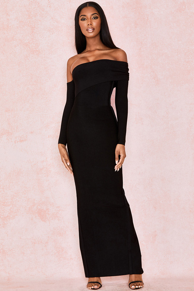 Off Shoulder Long Sleeve Fold Over Bandage Bodycon Maxi Dress