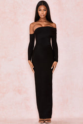 Elegant Off Shoulder Slit Back Bandage Maxi Evening Dress - Black 3